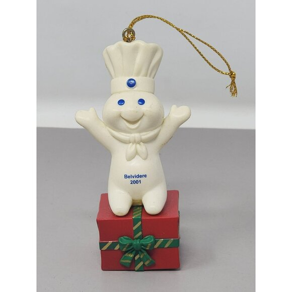 Pillsbury Doughboy Ornament 2001 Christmas Tree Decor With Gift Box Belvidere IL - Picture 1 of 9